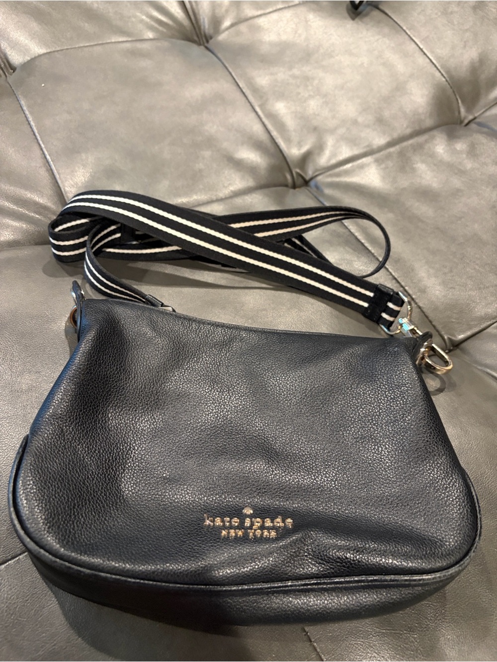 kate spade Black Leather Crossbody with Black-and-White Stripe Strap
